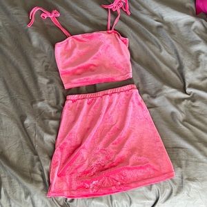 Two piece velour, hot pink skirt set